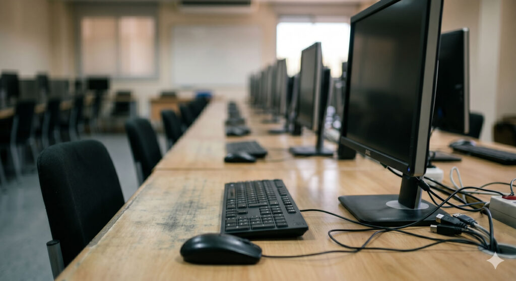 Aula de informática de una academia de formación online vacía y repleta de ordenadores de sobremesa.